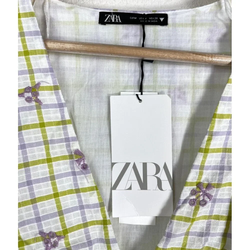 Zara Women’s Checkered Draped Mini Dress Balloon‎ Sleeve Floral sz M